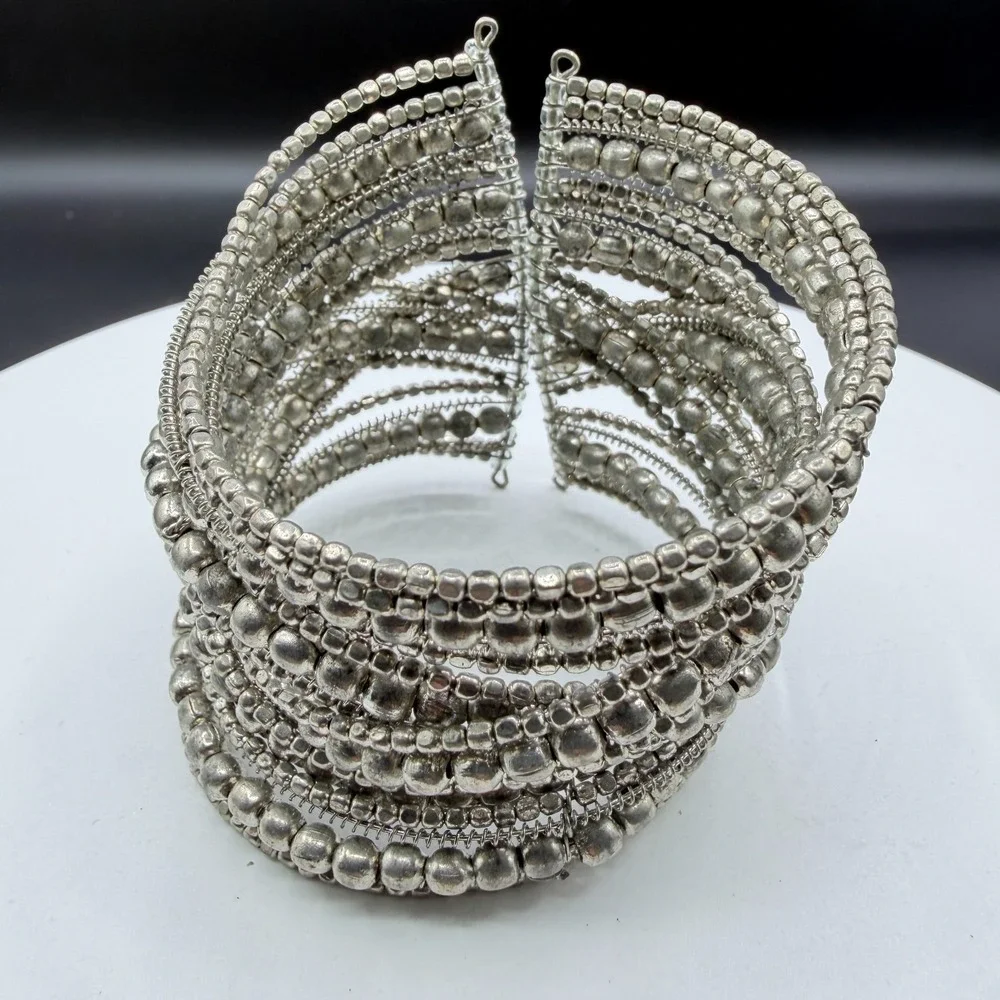 Silver Tone Multi Strand Beaded Wire Cuff Bracelet Boho Statement Festival Gift